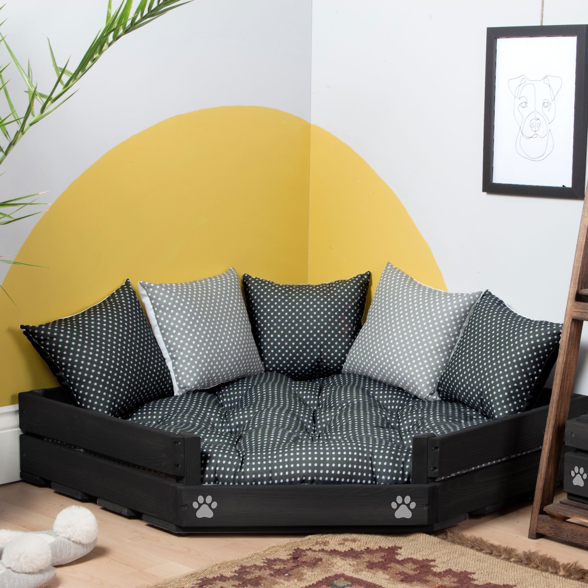 Corner Wooden Personalised Dog Bed (76 x 76cm) - Ebony Black & Black Polka Dot
