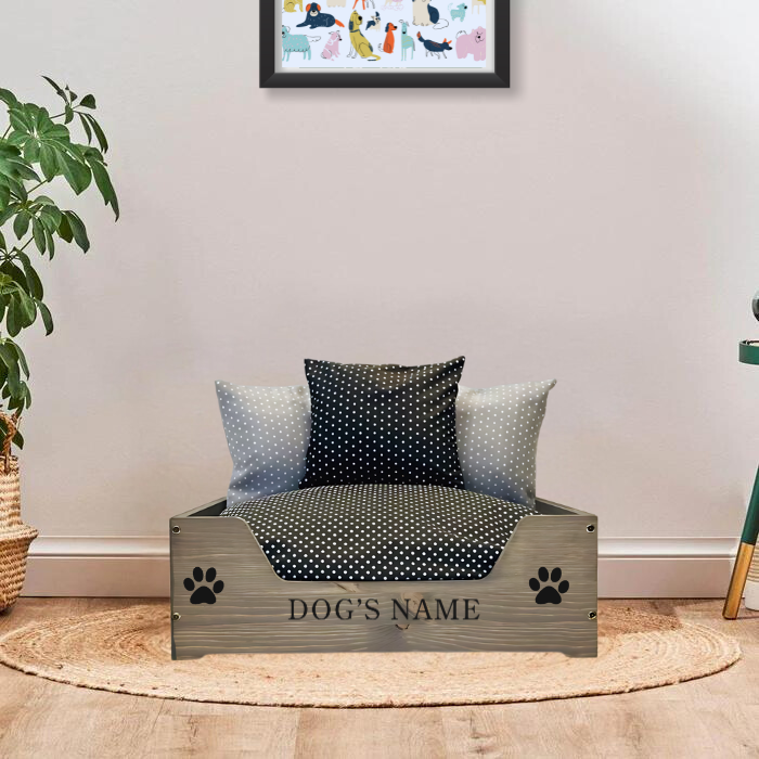 Small Wooden Personalised Dog Bed (46 x 59cm) -Grey & Black Polka dot