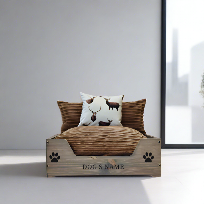 Small Wooden Personalised Dog Bed (46 x 59cm) -Grey & Brown Corduroy Stag