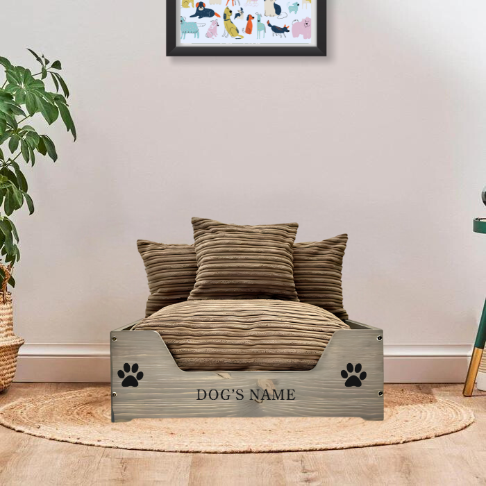 Small Wooden Personalised Dog Bed (46 x 59cm) - Ash Grey & Brown Corduroy