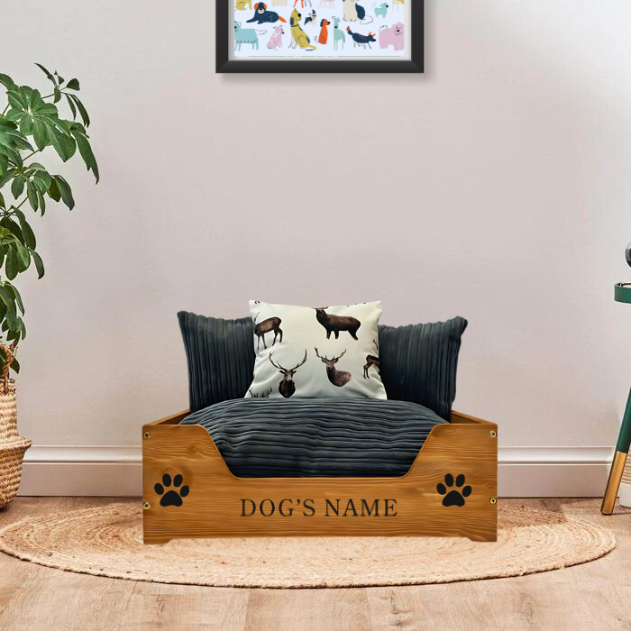 Small Wooden Personalised Dog Bed (46 x 59cm) -Royal Oak & Corduroy Grey Stag
