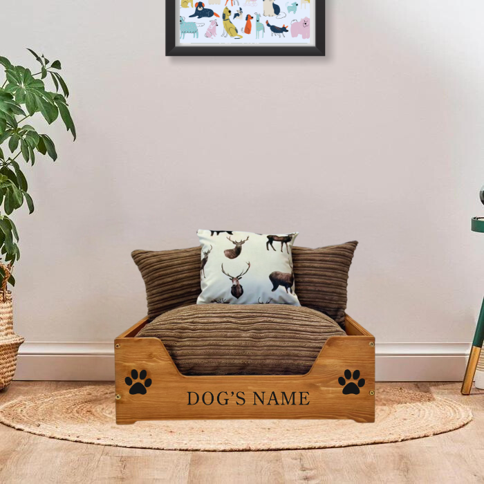 Small Wooden Personalised Dog Bed (46 x 59cm) -Royal Oak & Stag