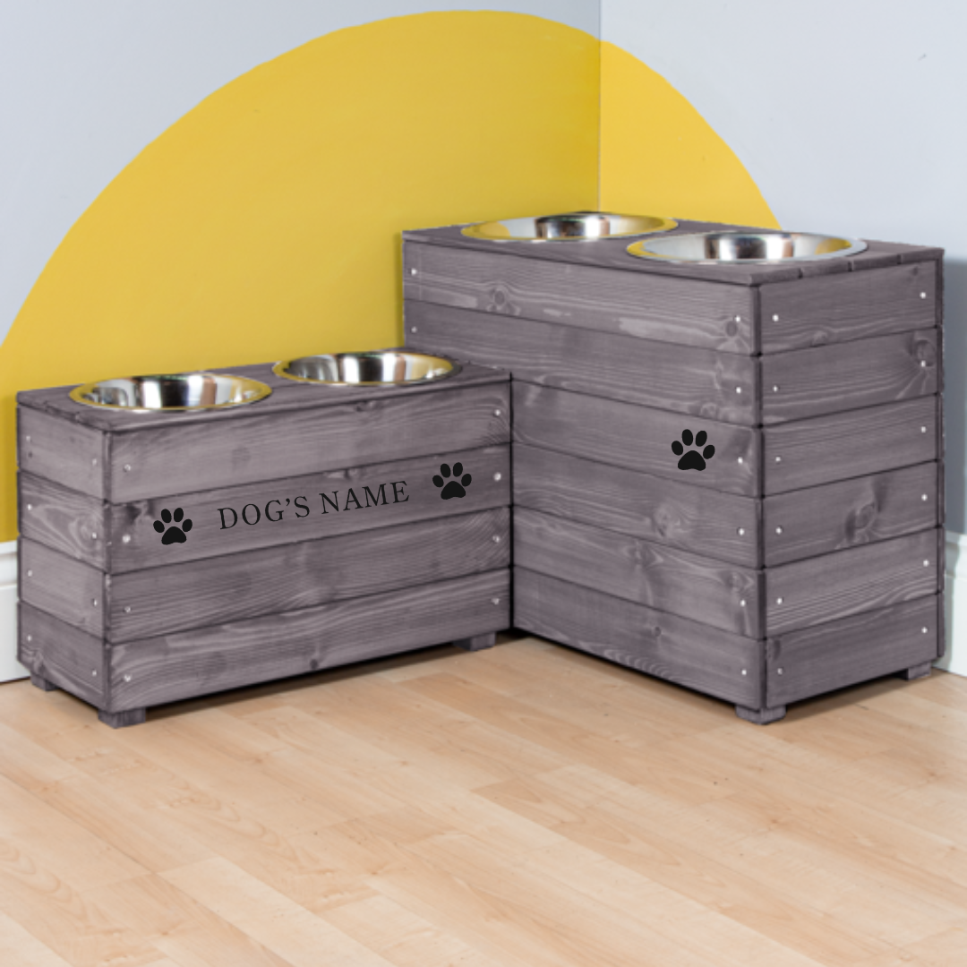 Double Personalised Raised Dog Bowl Stand 31, 38 or 45cm High - Ash Grey