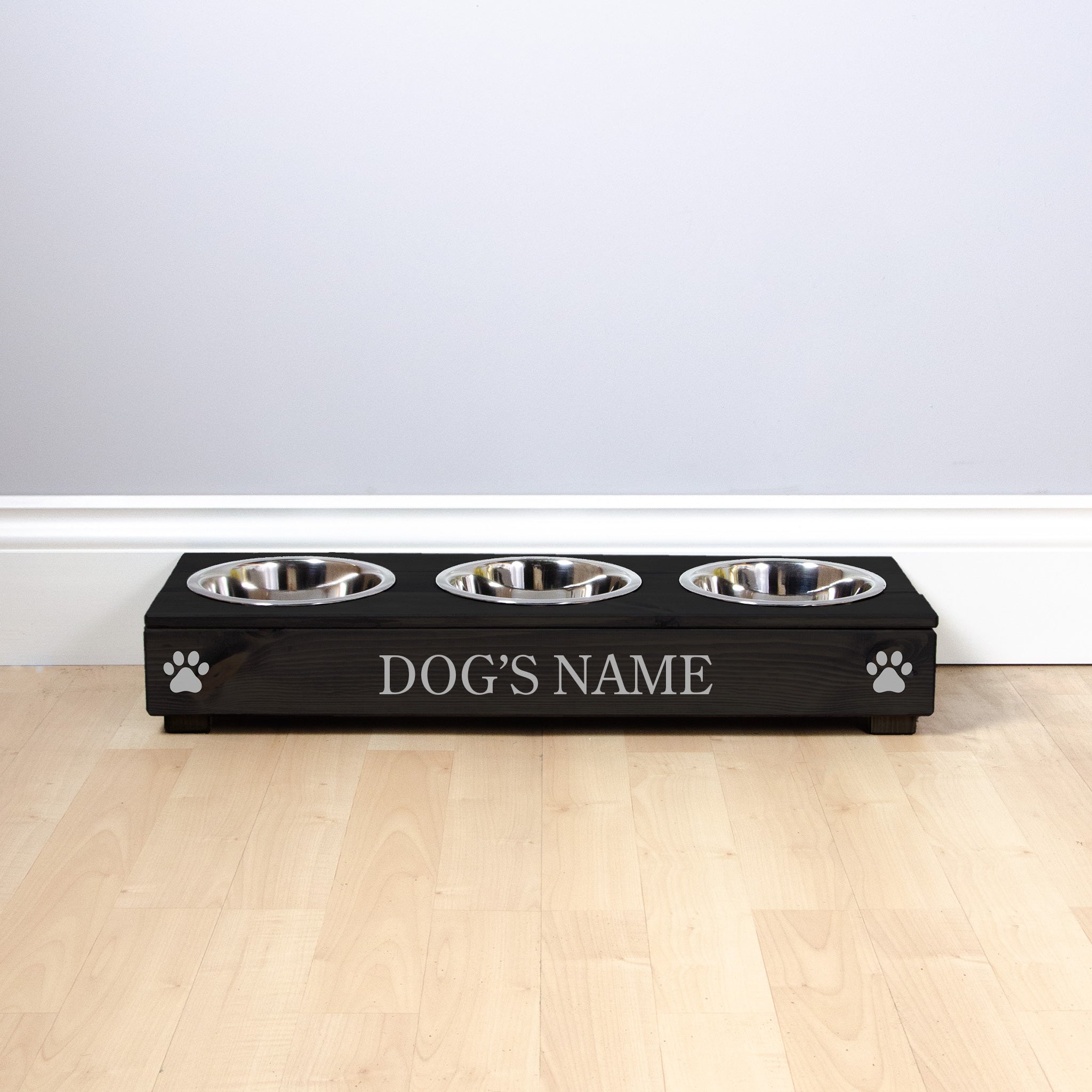 Triple Personalised Raised Dog Bowl Stand 7cm High - Ebony Black