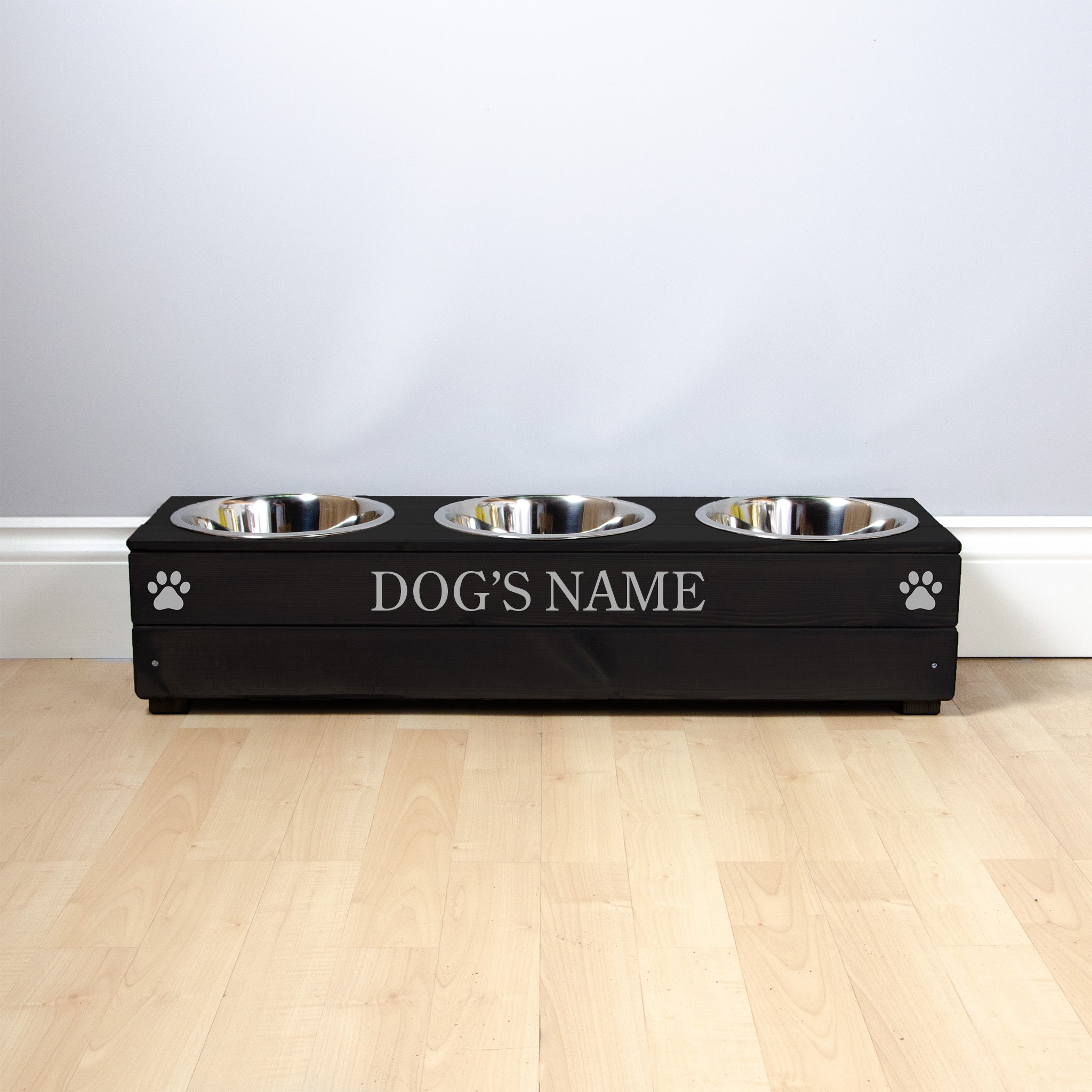 Triple Personalised Raised Dog Bowl Stand 17cm High - Ebony Black