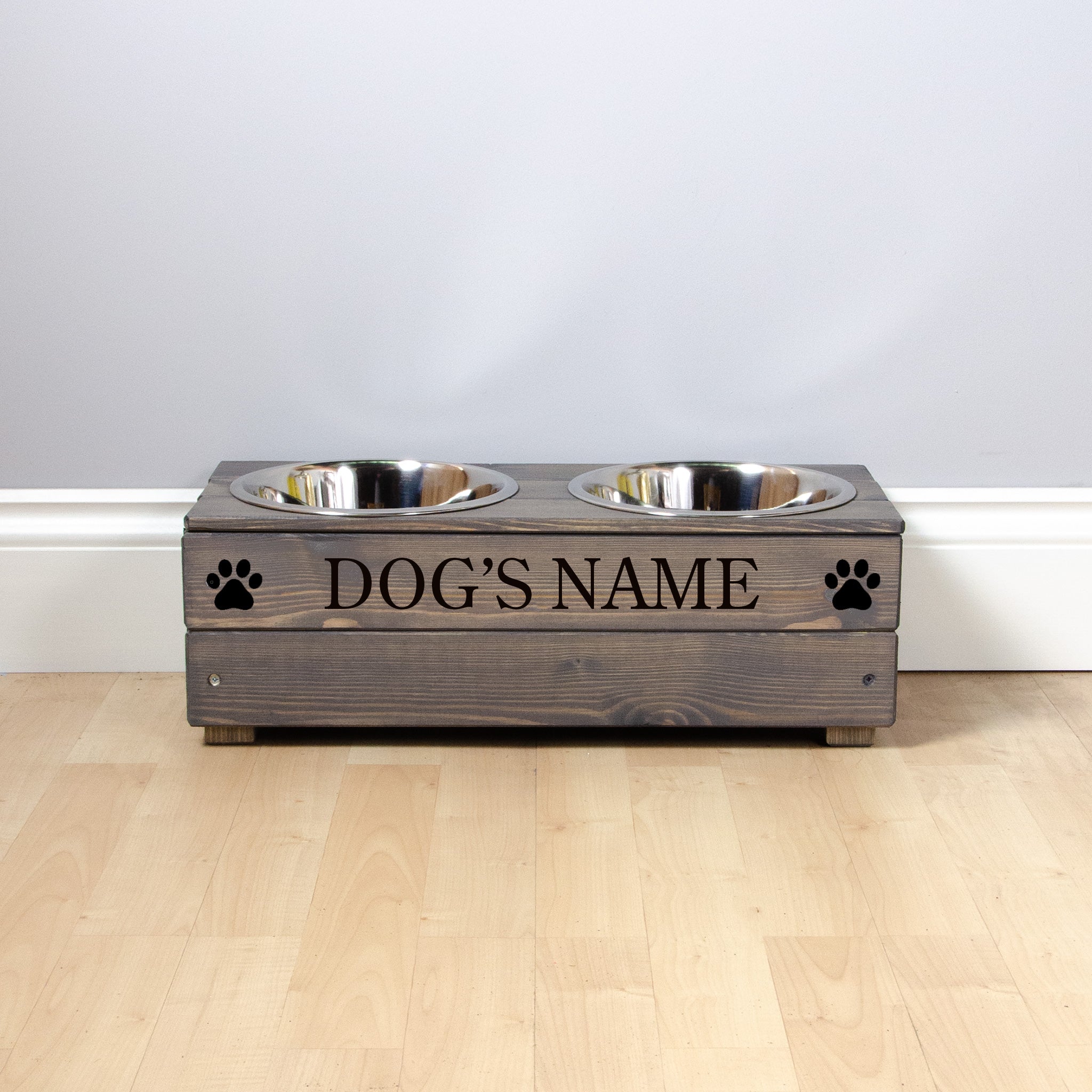 Double Personalised Raised Dog Bowl Stand 17cm High - Ash Grey