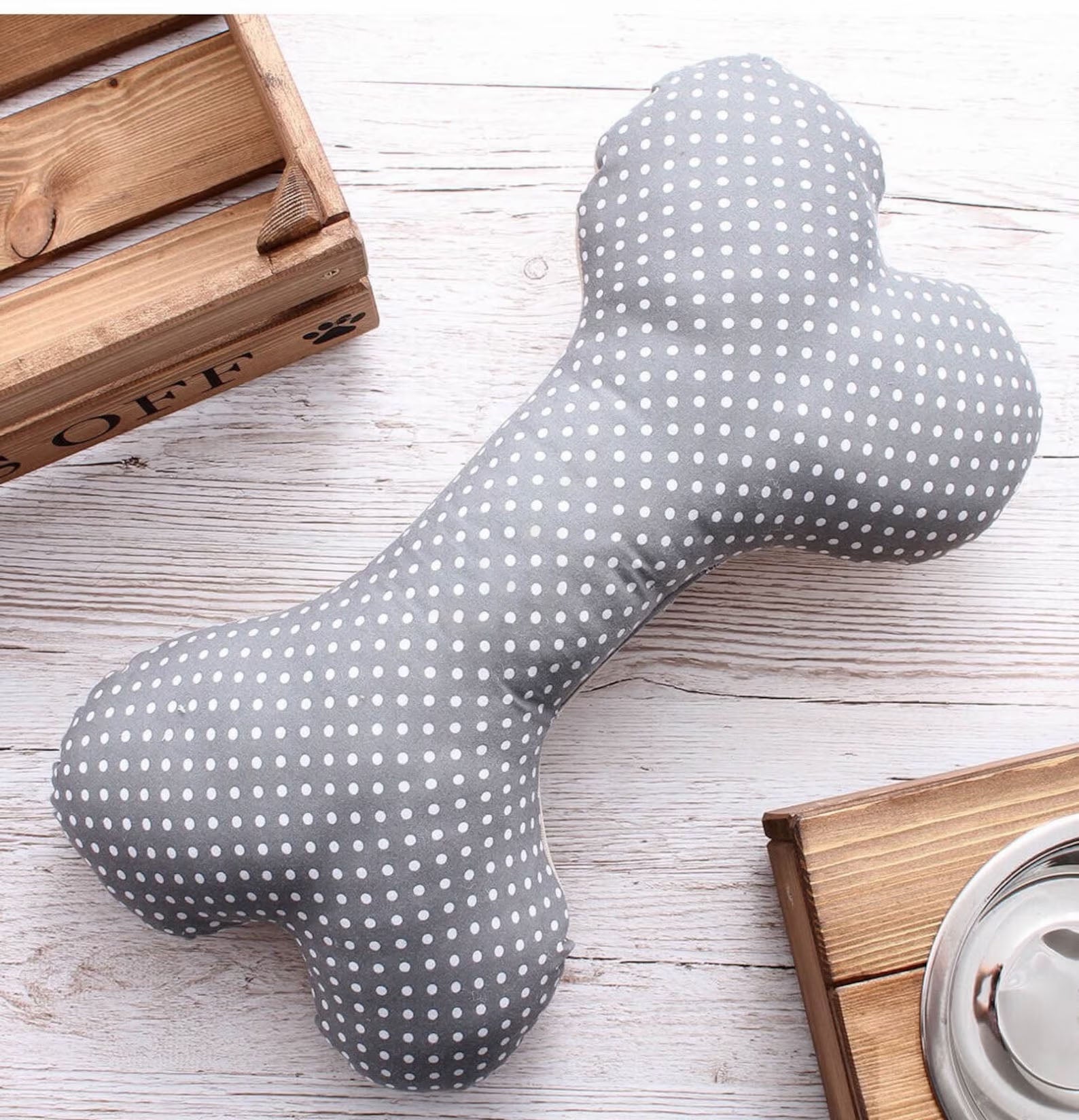 -Personalised Bone Cushion for Dog - Grey Polka Dot Personalised Dog Cushion