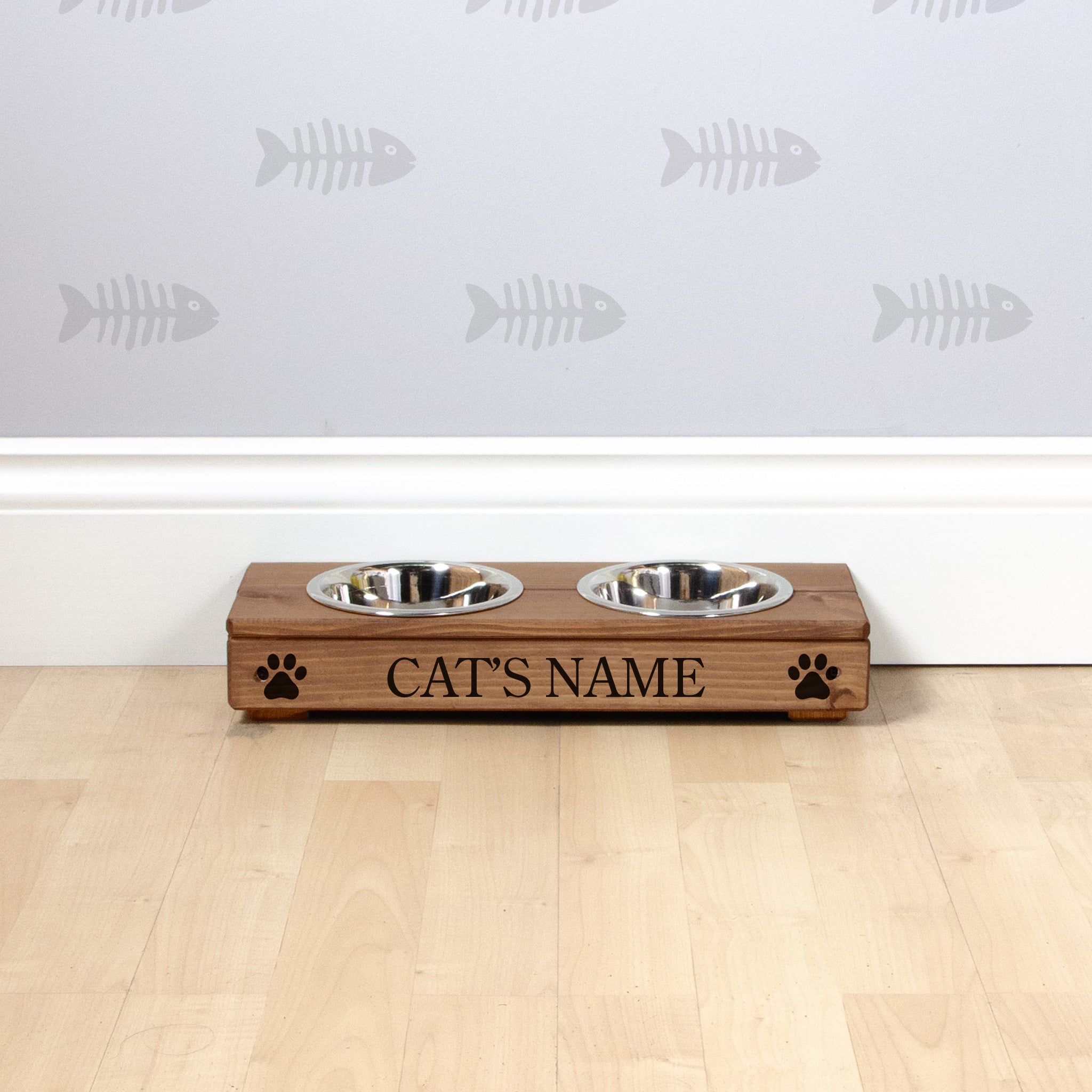 Double Personalised Raised Cat Bowl Stand 7cm High - Royal Oak