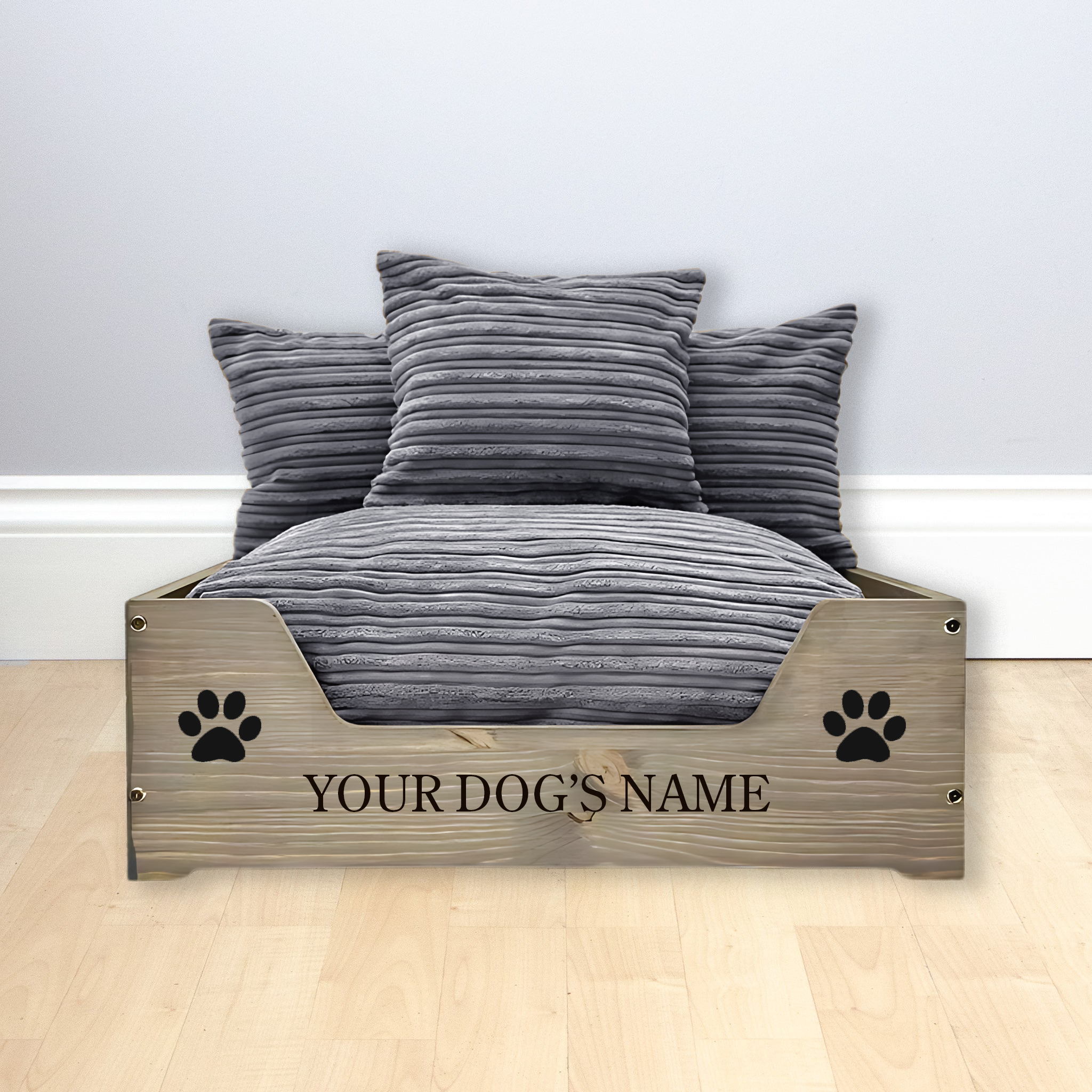 Ash Grey & Corduroy Grey - Wooden Personalised Dog Beds - Blue Diamond