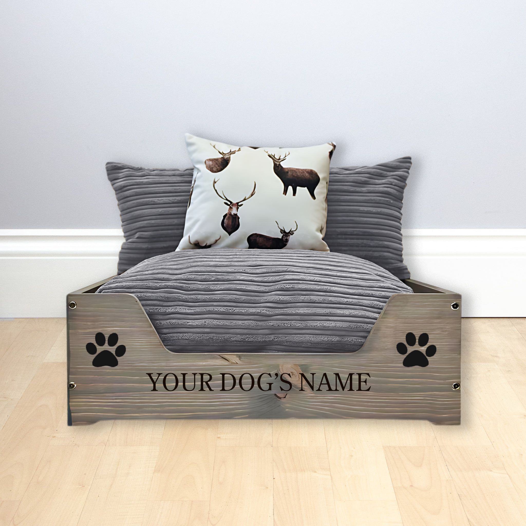 Ash Grey & Corduroy Brown Stag - Wooden Personalised Dog Beds - Blue Diamond