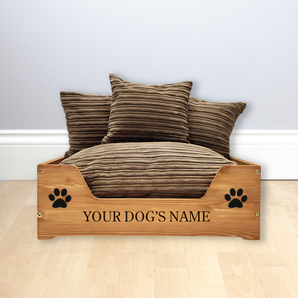 Small Wooden Personalised Dog Bed (46 x 59cm) - Royal Oak & Corduroy Brown