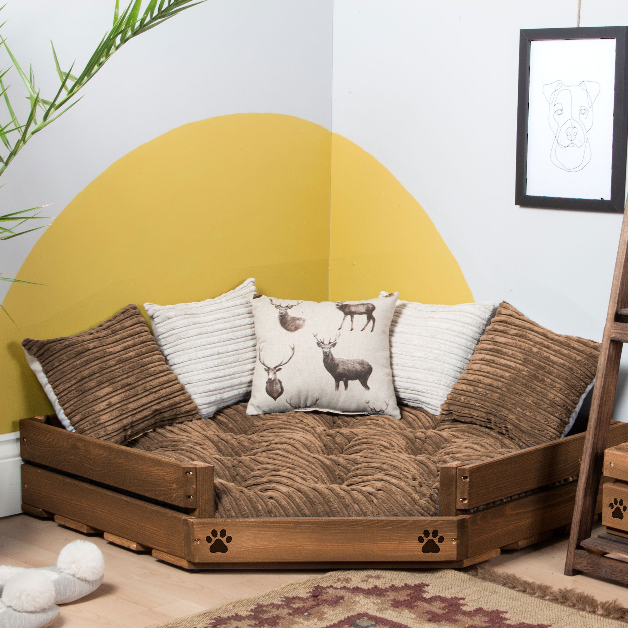 Corner Wooden Personalised Dog Bed (76 x 76cm) - Royal Oak & Stag