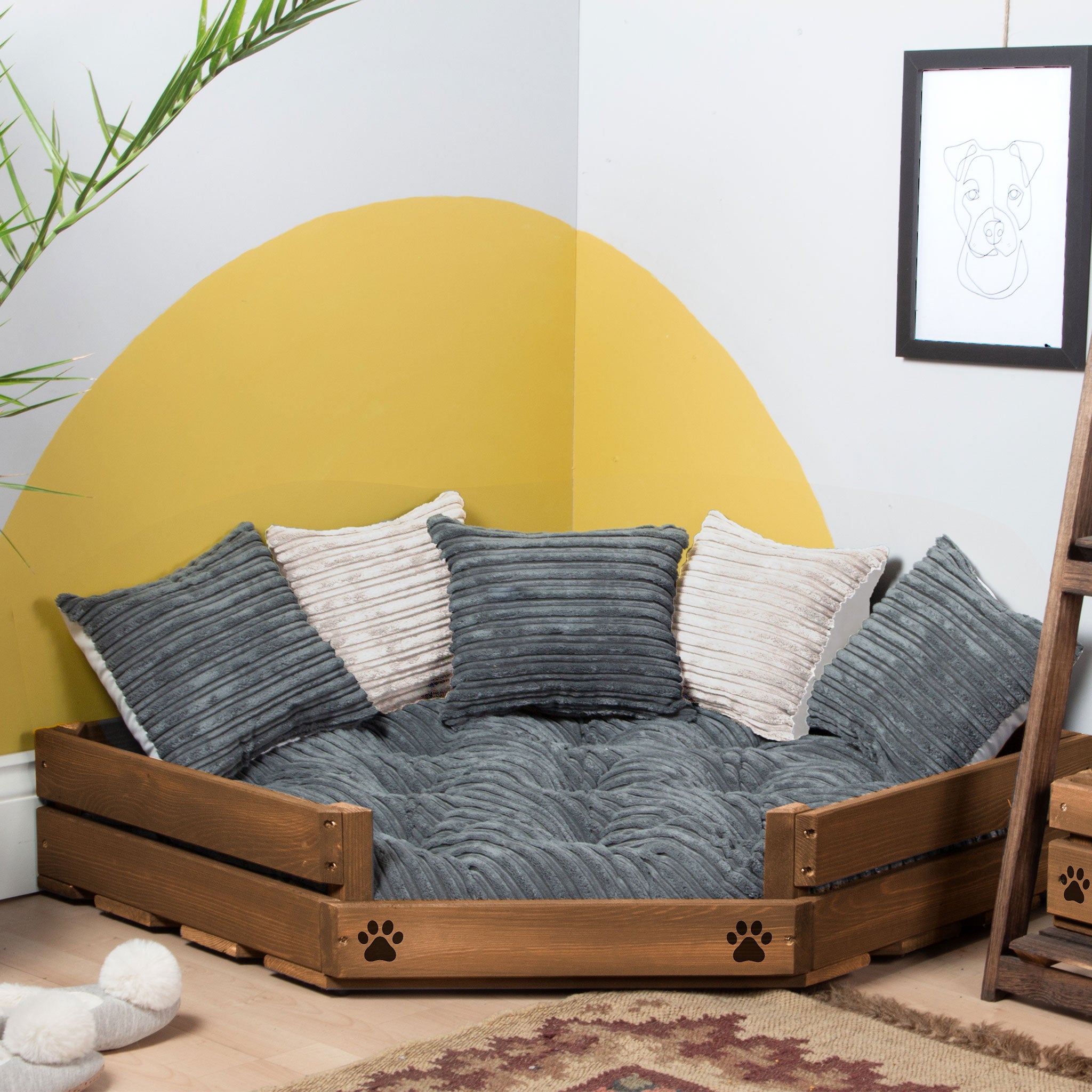 Corner Wooden Personalised Dog Bed (76 x 76cm) - Royal Oak & Corduroy Grey