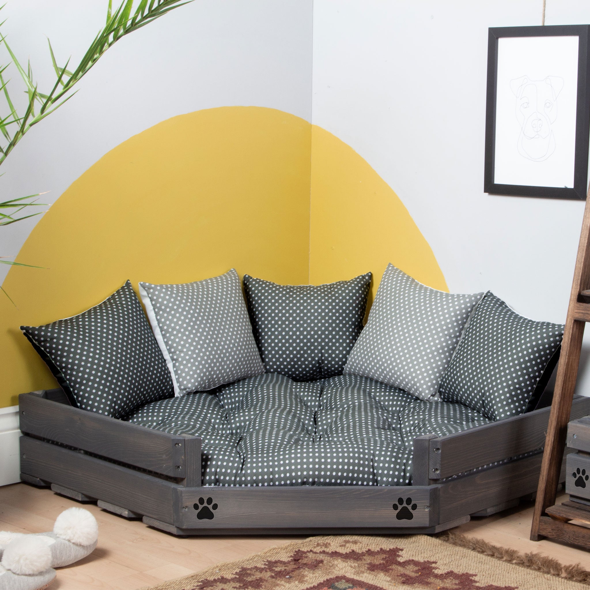 Corner Wooden Personalised Dog Bed (76 x 76cm) - Ash Grey & Black Polka Dot