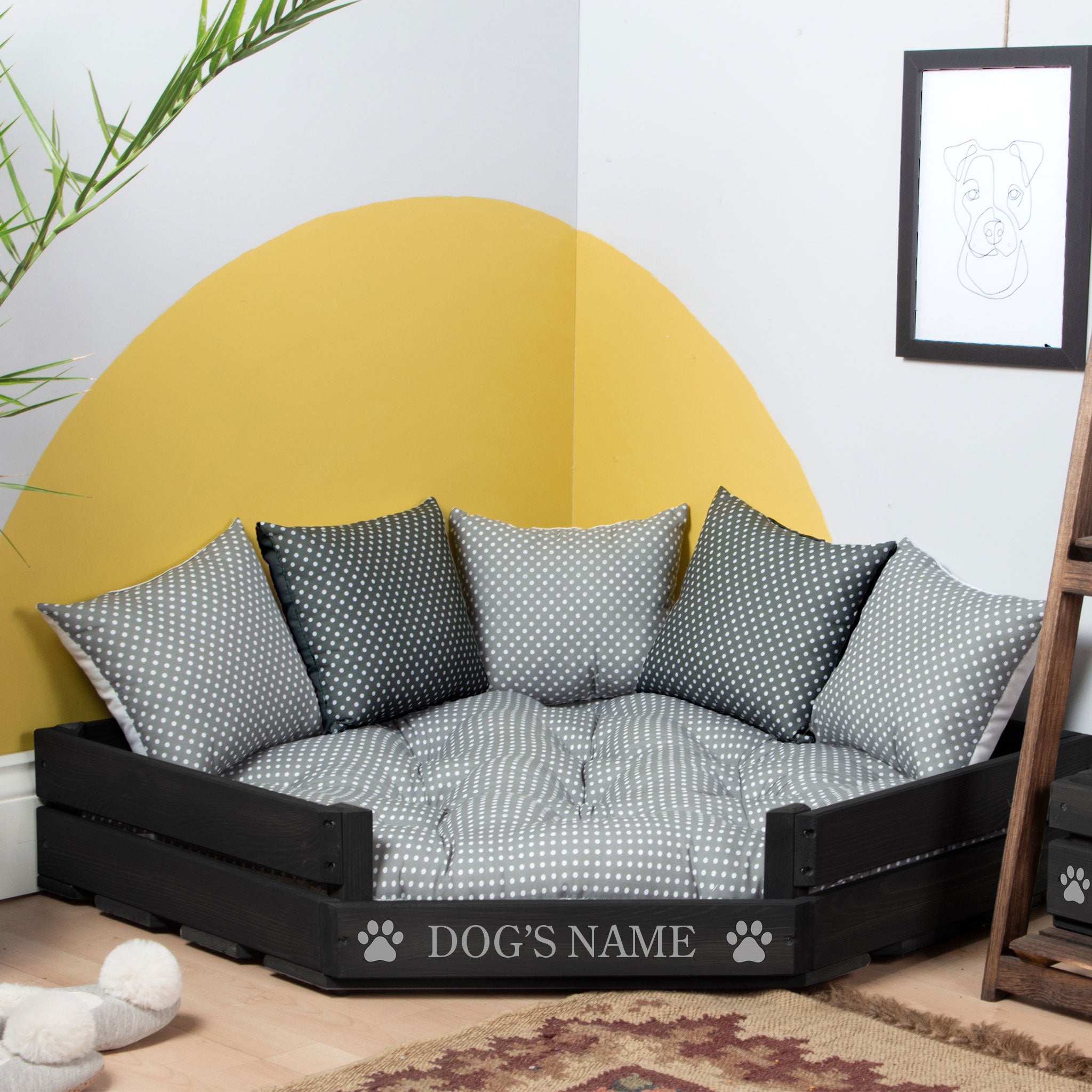 Corner Wooden Personalised Dog Bed (76 x 76cm) - Ebony Black & Grey Polka Dot