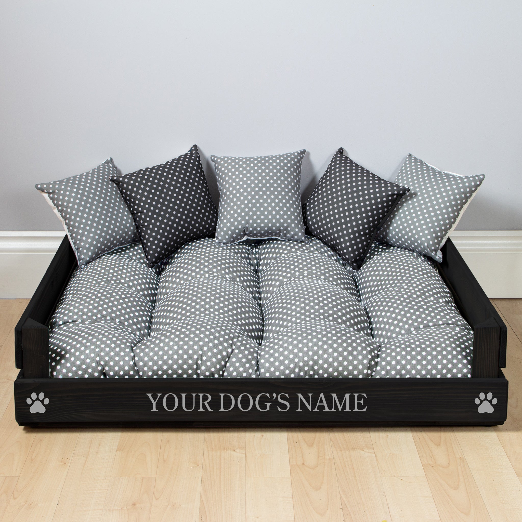 Medium Wooden Personalised Dog Bed (59 x 76cm) - Ebony Black & Grey Polka Dot