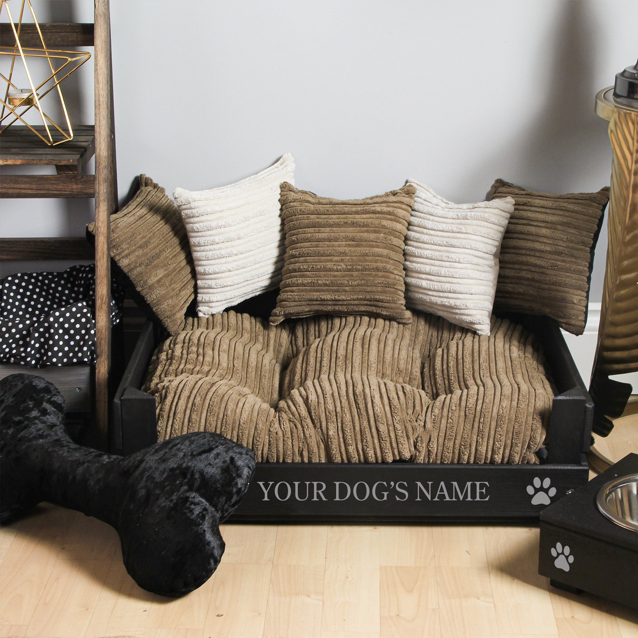 Small Wooden Personalised Dog Bed (46 x 59cm) - Ebony Black & Corduroy Brown
