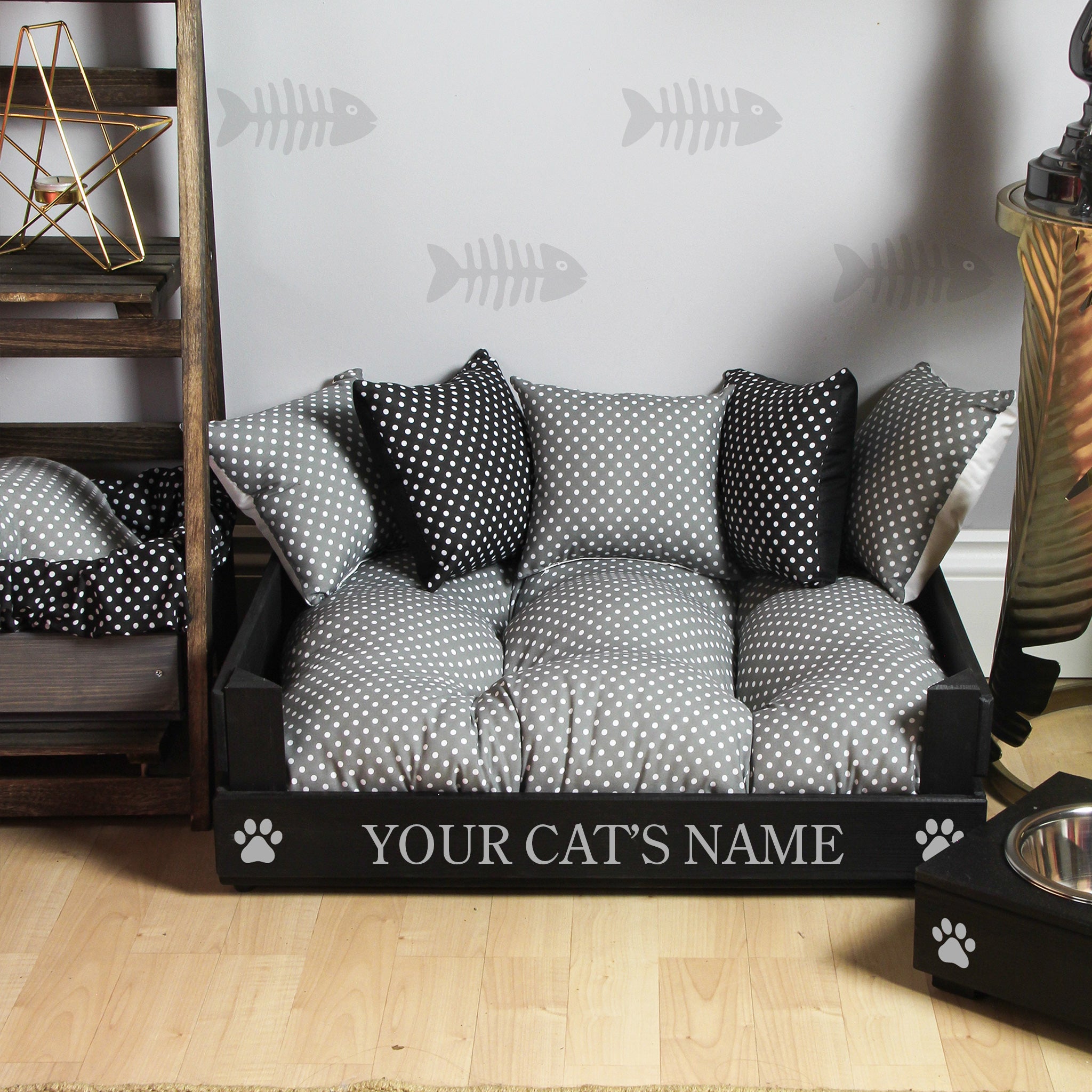 Wooden Personalised Cat Bed (46 x 59cm) - Ebony Black & Grey Polka Dot