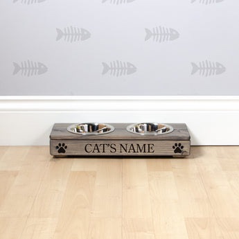 Double Personalised Raised Cat Bowl Stand 7cm High - Ash Grey