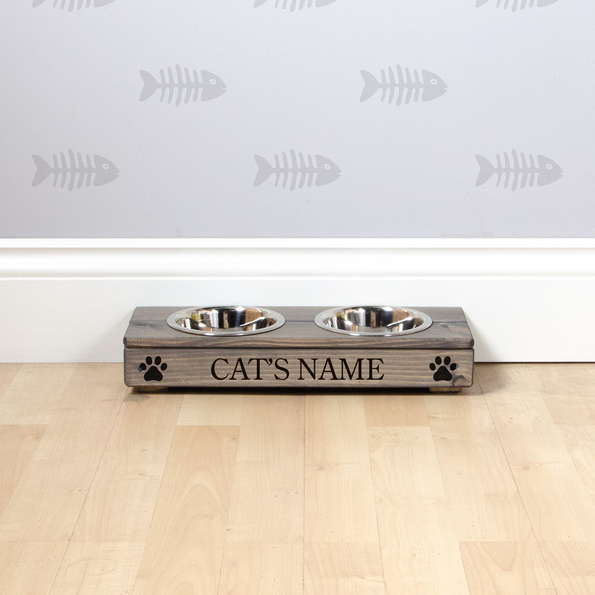 Double Personalised Raised Cat Bowl Stand 7cm High - Ash Grey