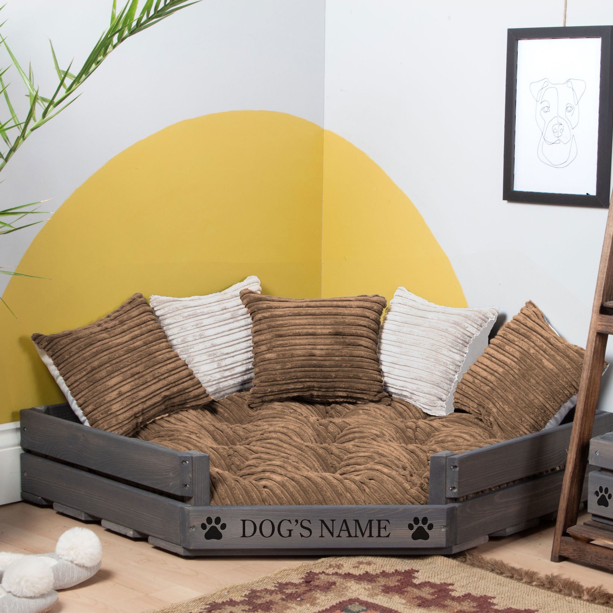 Corner Wooden Personalised Dog Bed (76 x 76cm) - Ash Grey & Corduroy Brown