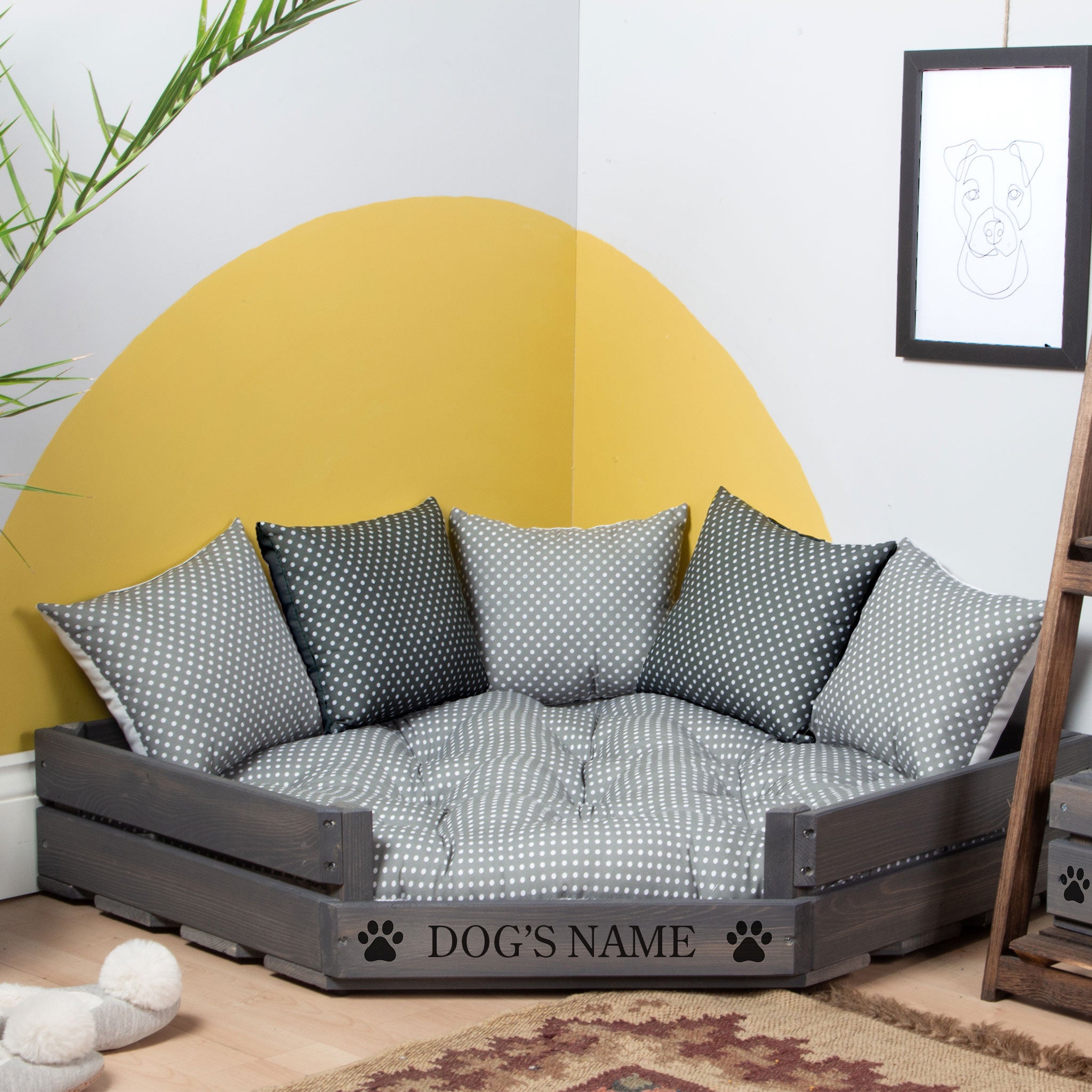 Corner Wooden Personalised Dog Bed (76 x 76cm) - Ash Grey & Grey Polka Dot
