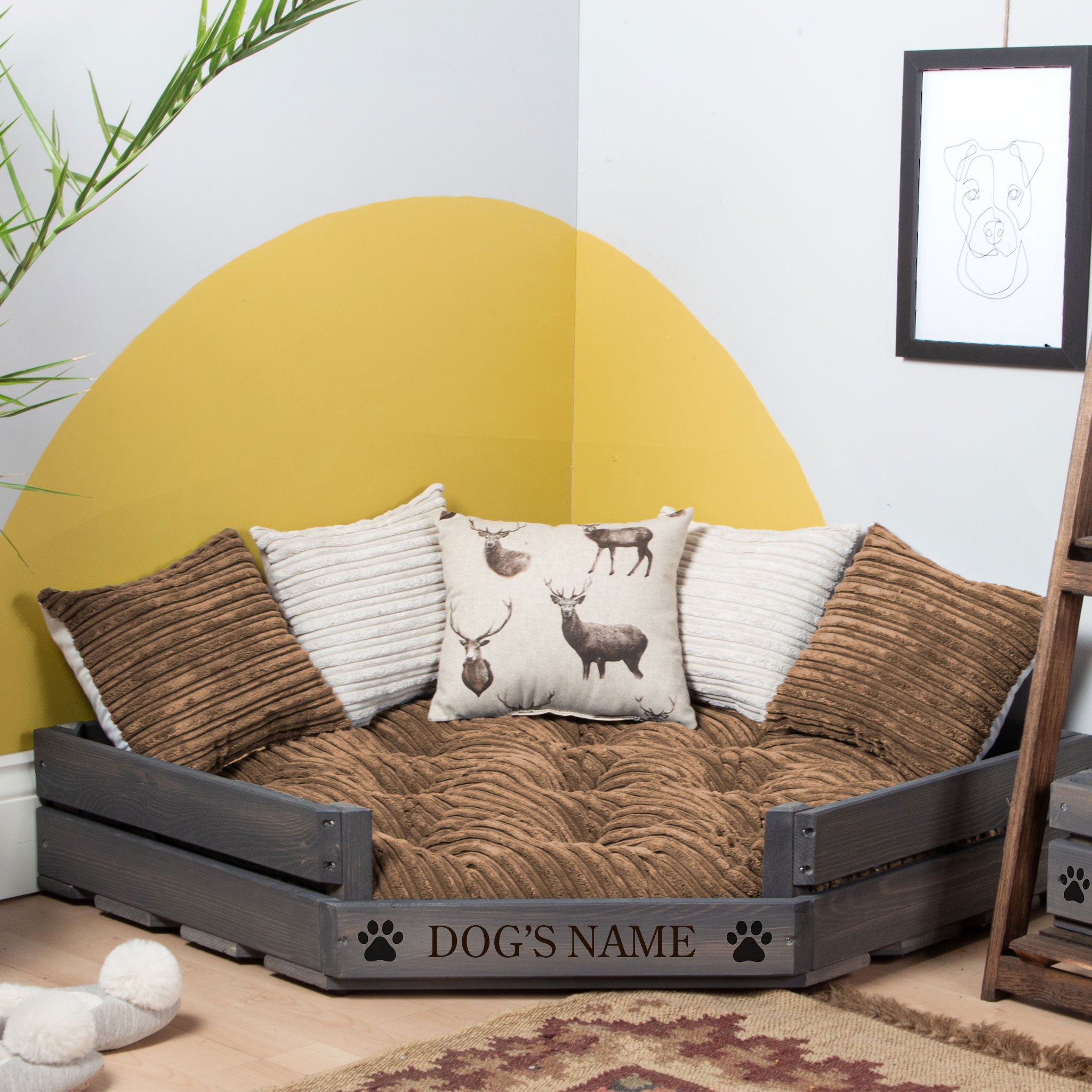 Corner Wooden Personalised Dog Bed (76 x 76cm) - Ash Grey & Stag
