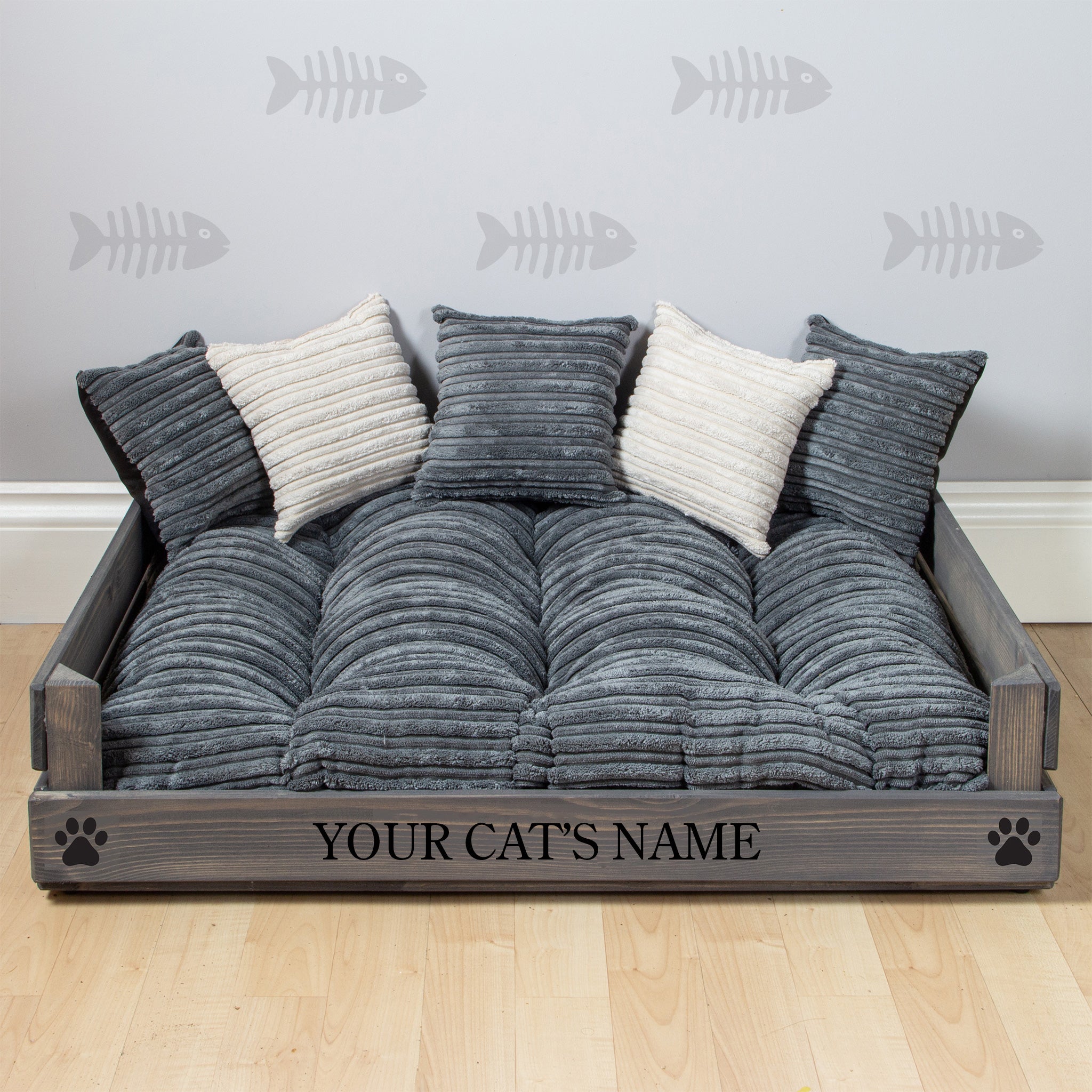 Wooden Personalised Cat Bed - Two Cats (59 x 76cm) - Ash Grey & Corduroy Grey