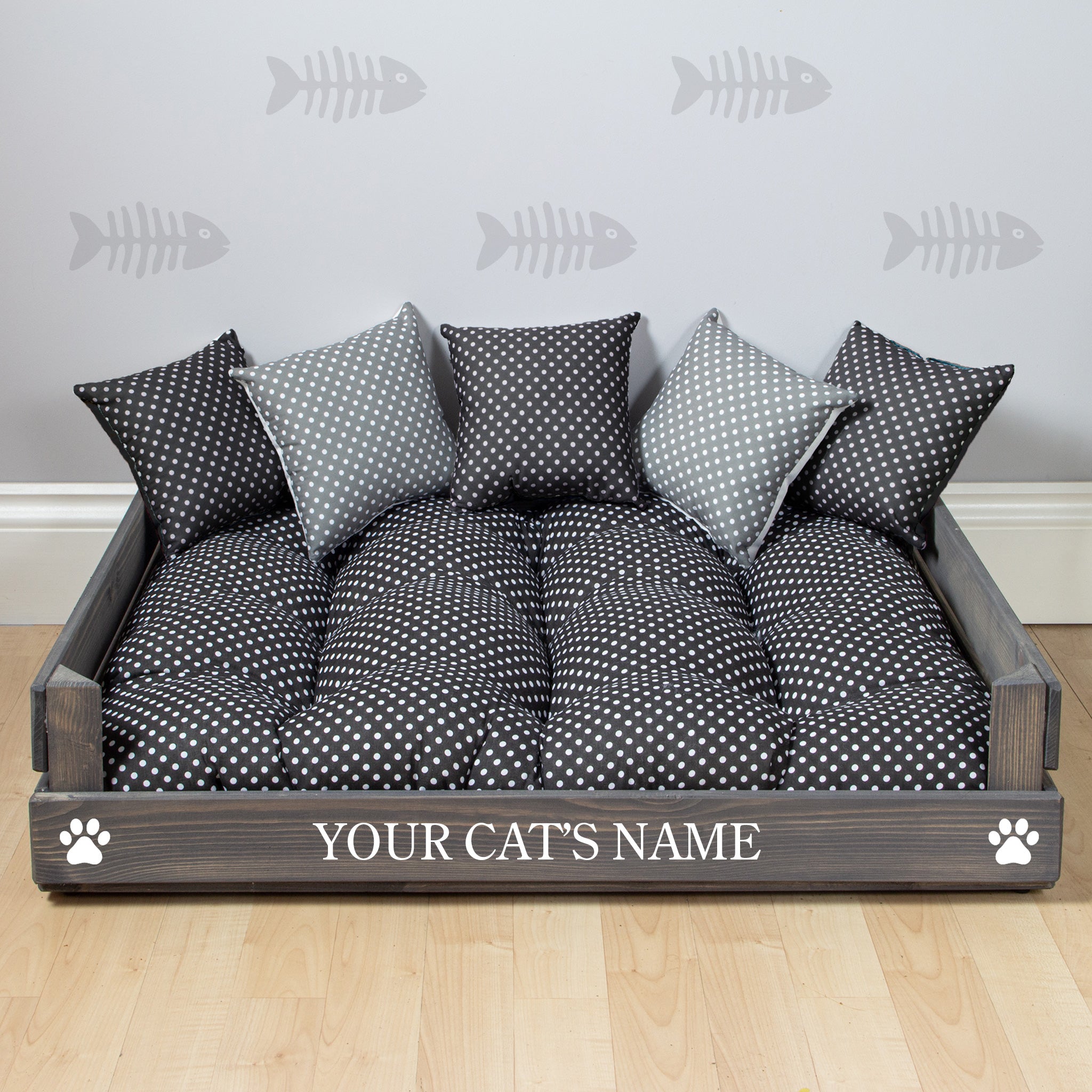 Wooden Personalised Cat Bed - Two Cats (59 x 76cm) - Ash Grey & Black Polka Dot