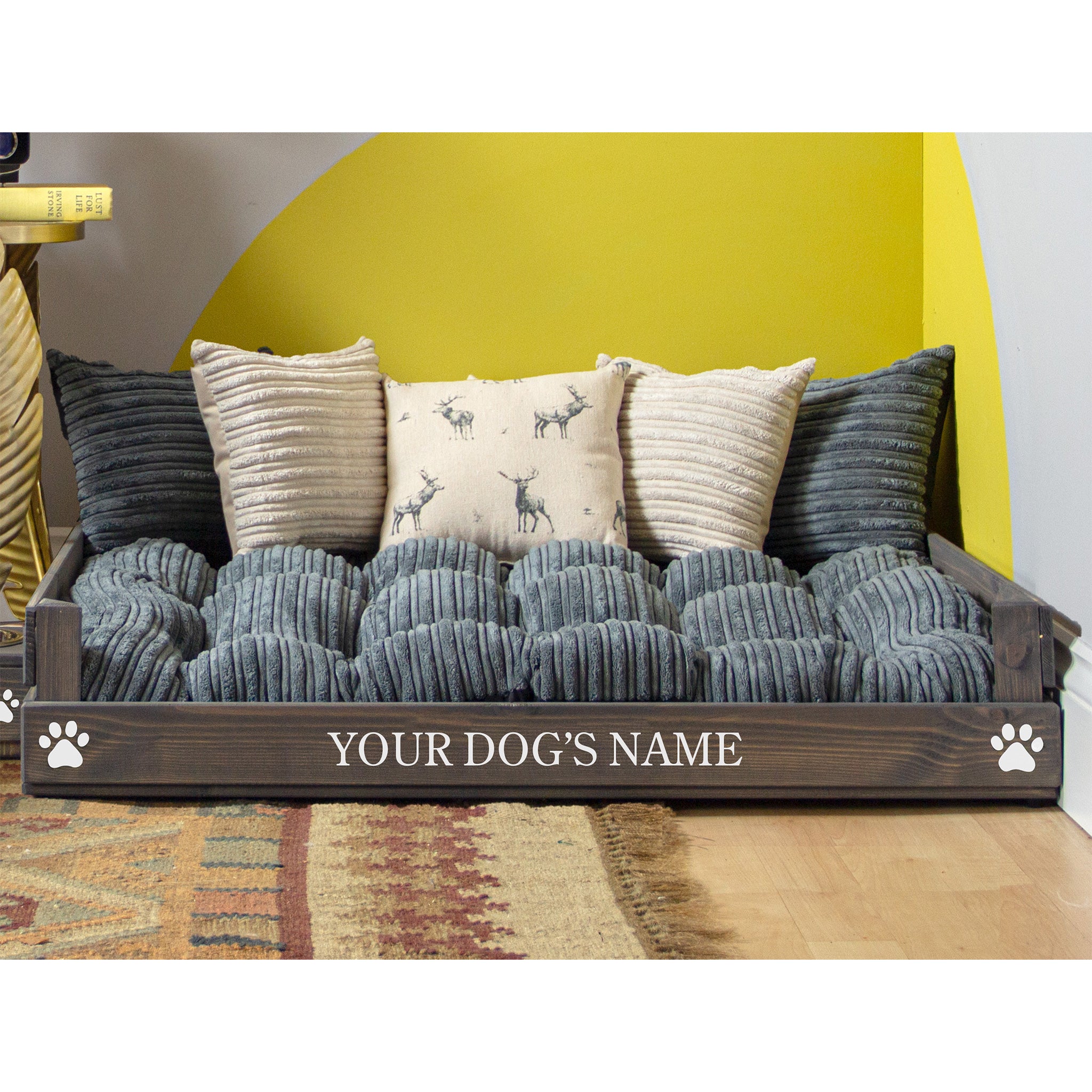Large Wooden Personalised Dog Bed (76 x 90cm) - Ash Grey & Stag
