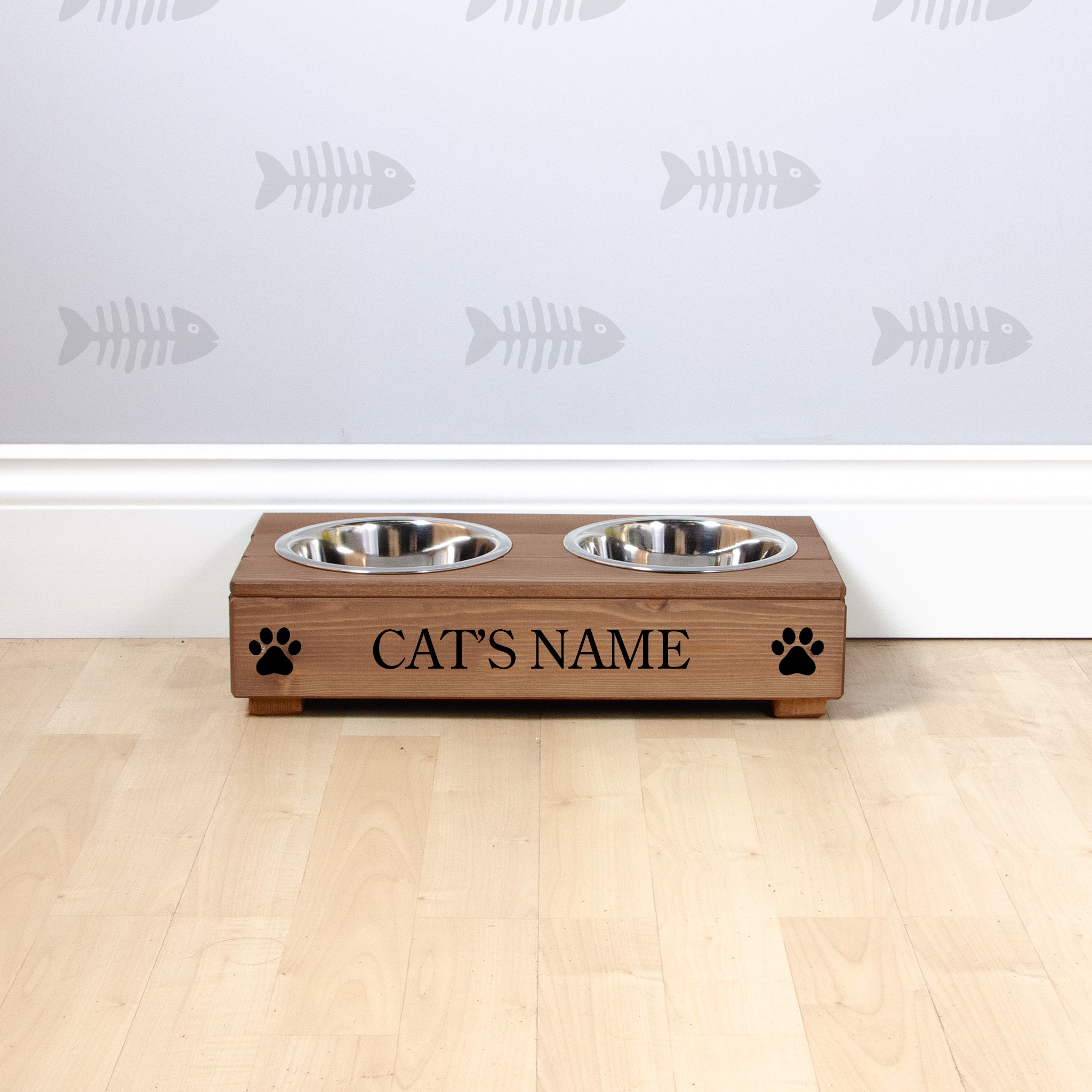 Double Personalised Raised Cat Bowl Stand 10cm High - Royal Oak