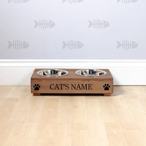 Double Personalised Raised Cat Bowl Stand 10cm High - Royal Oak