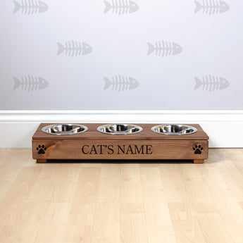 Triple Personalised Raised Cat Bowl Stand 10cm High - Royal Oak