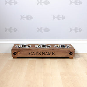 Triple Personalised Raised Cat Bowl Stand 10cm High - Royal Oak