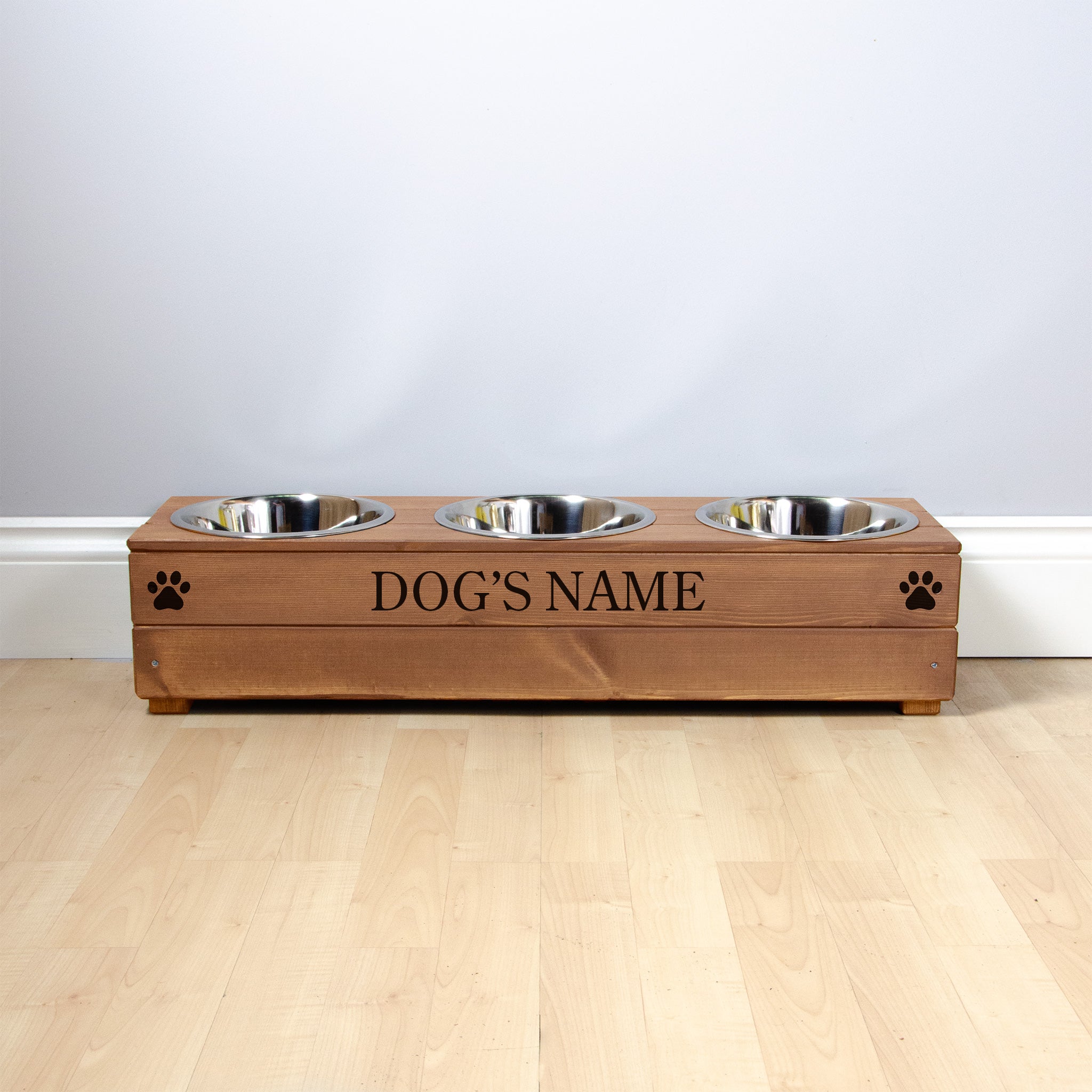 Triple Personalised Raised Dog Bowl Stand 17cm High - Royal Oak