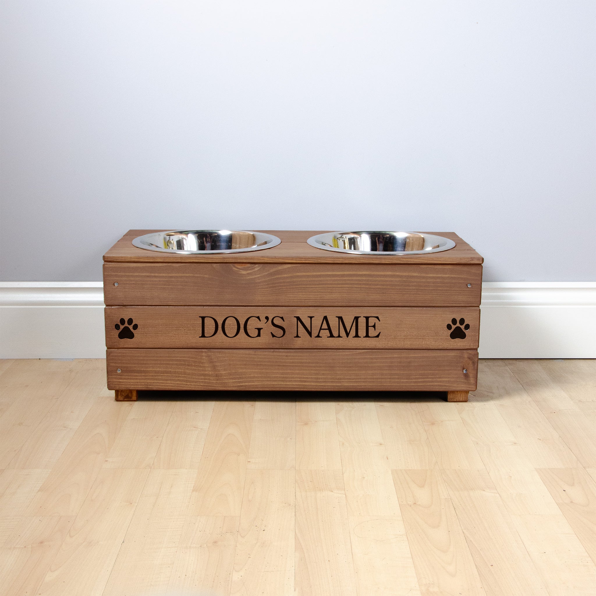 Double Personalised Raised Dog Bowl Stand 25cm High - Royal Oak