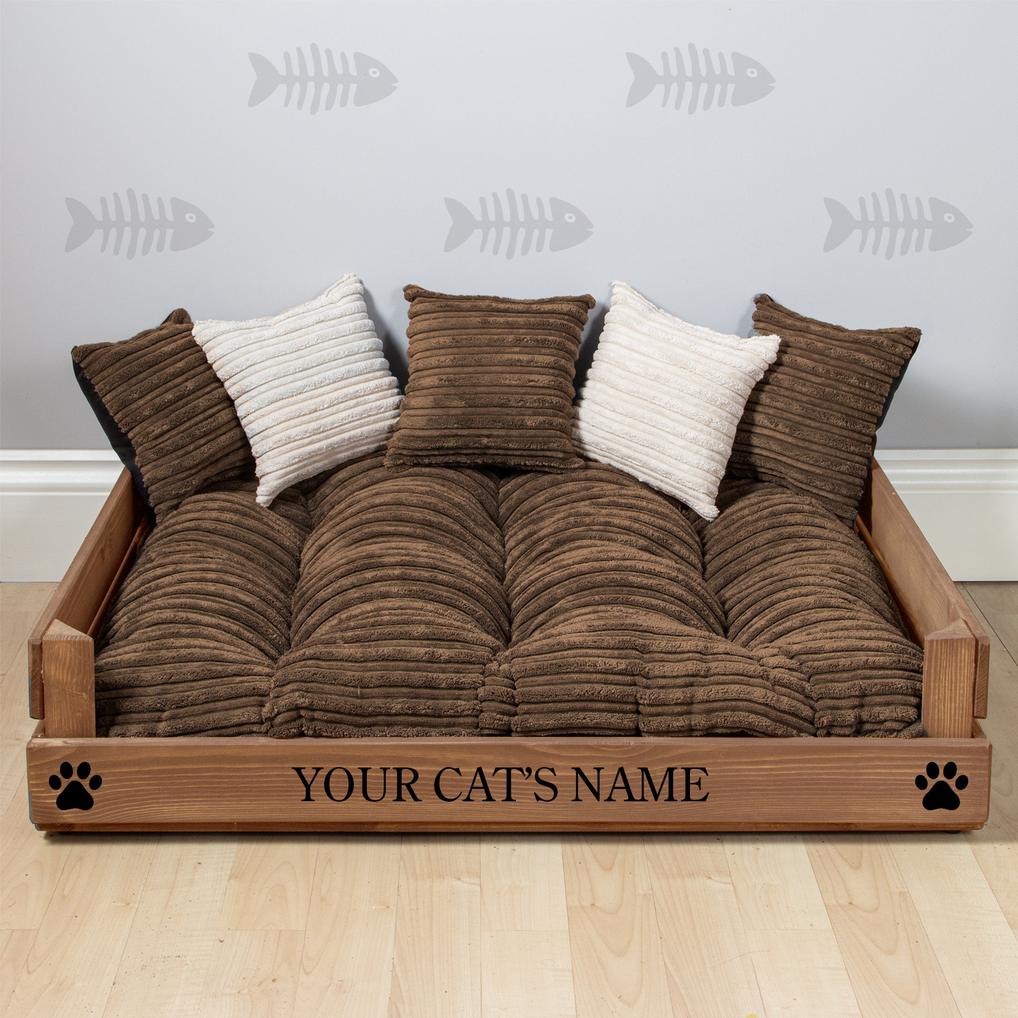 Wooden Personalised Cat Bed - Two Cats (59 x 76cm) - Royal Oak & Corduroy Brown