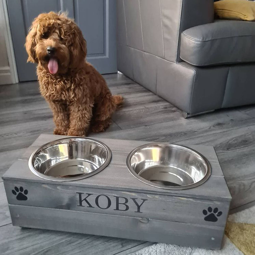 Double personalised raised bowl with cute dog