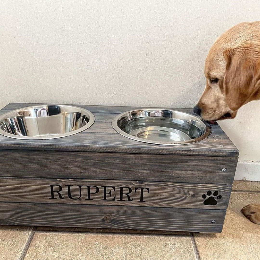 meduim personalised feeding station with a dog feeding ,dog water bowl