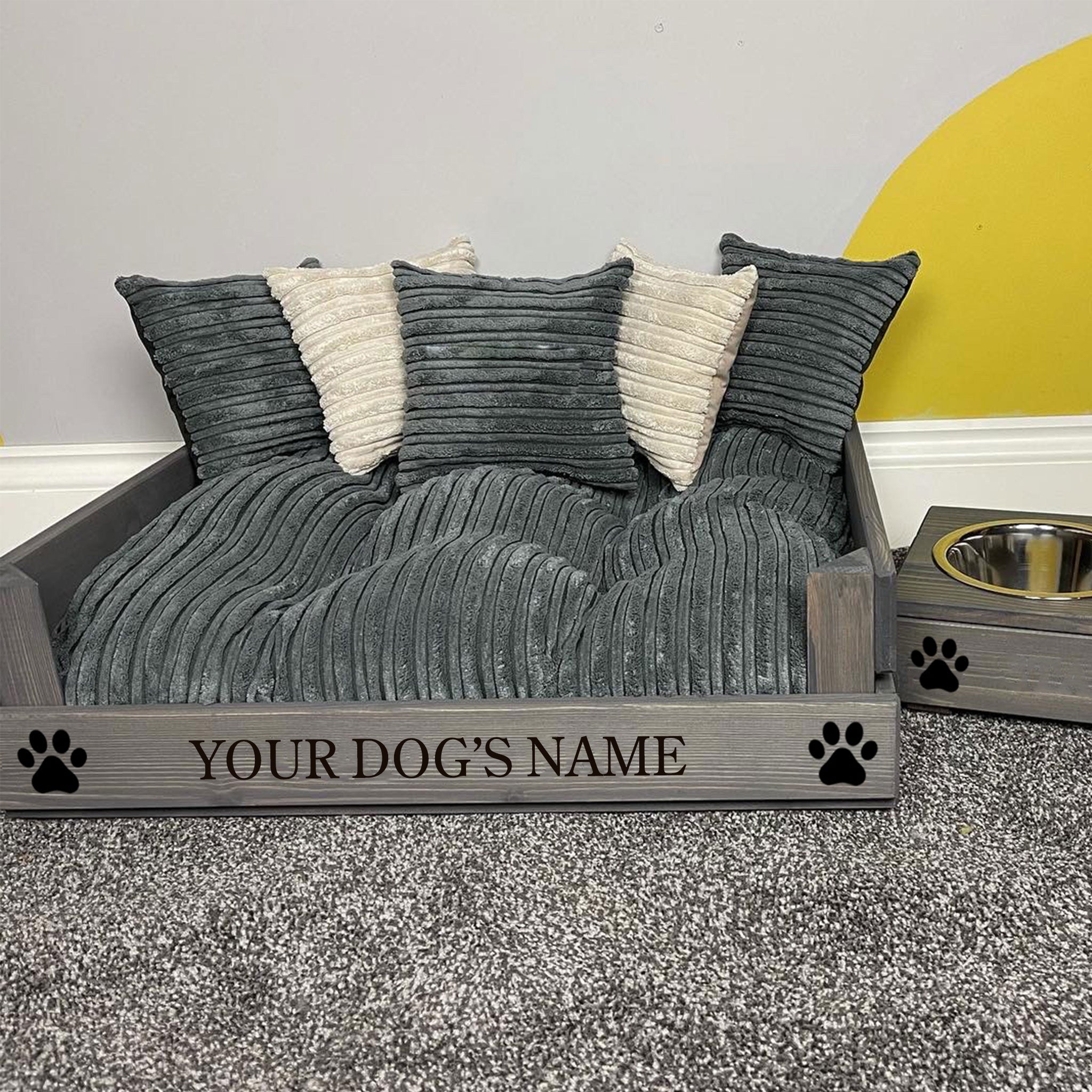 Small Wooden Personalised Dog Bed (46 x 59cm) - Ash Grey & Corduroy Grey