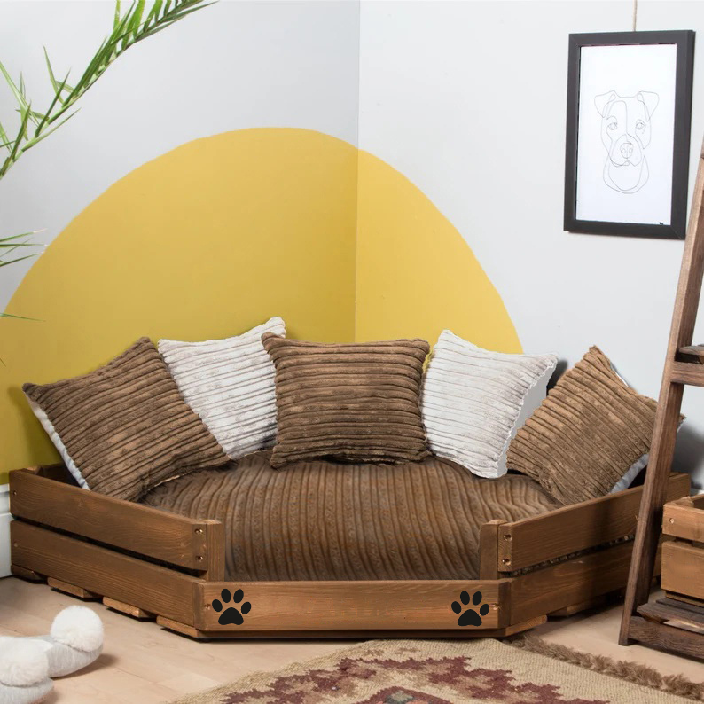 Corner Wooden Personalised Dog Bed (76 x 76cm) - Royal Oak & Corduroy Brown
