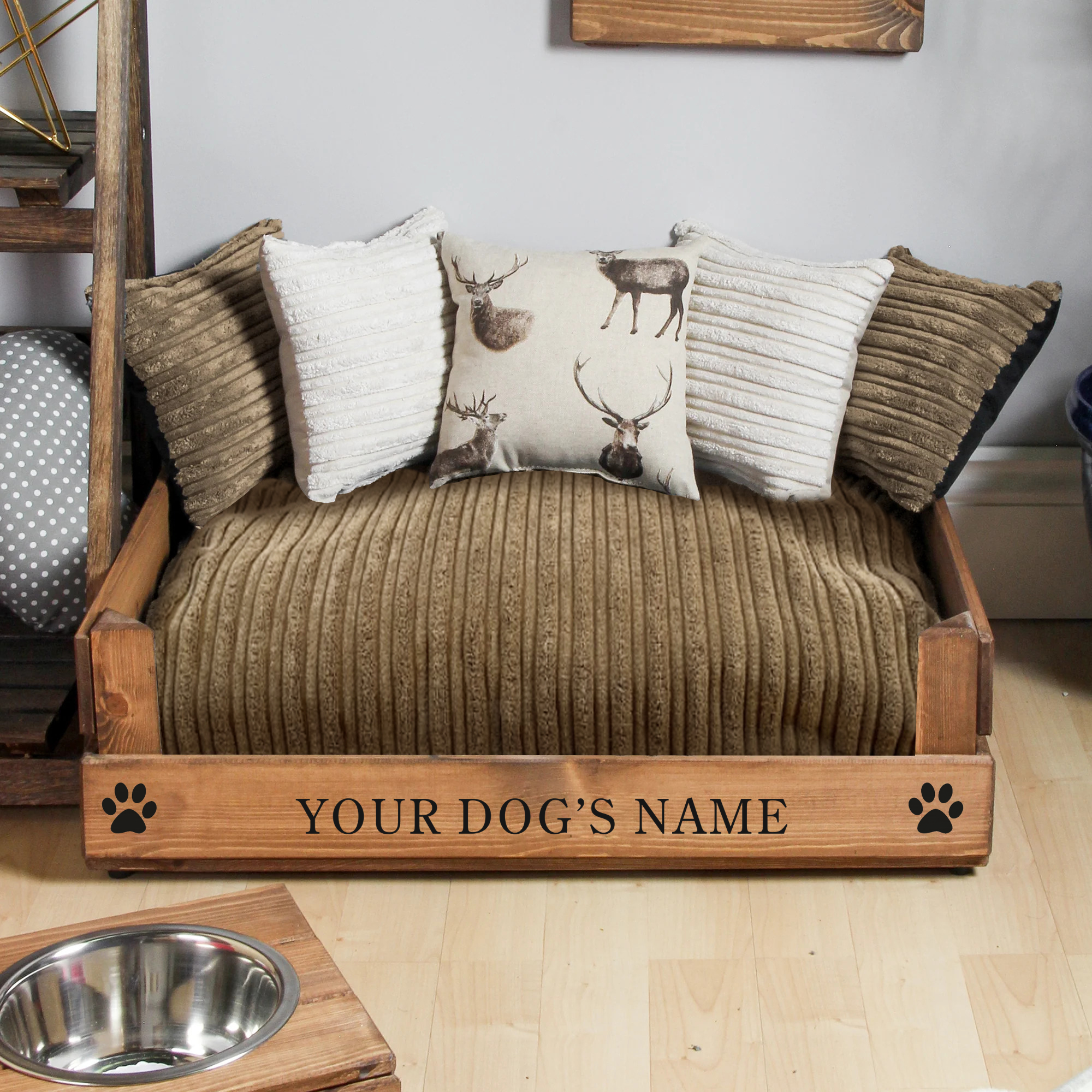 X Small Wooden Personalised Dog Bed (39 x 46cm) - Royal Oak & Corduroy Brown