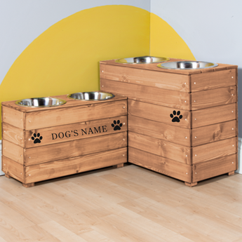 Double Personalised Raised Dog Bowl Stand 31, 38 or 45cm High - Royal Oak