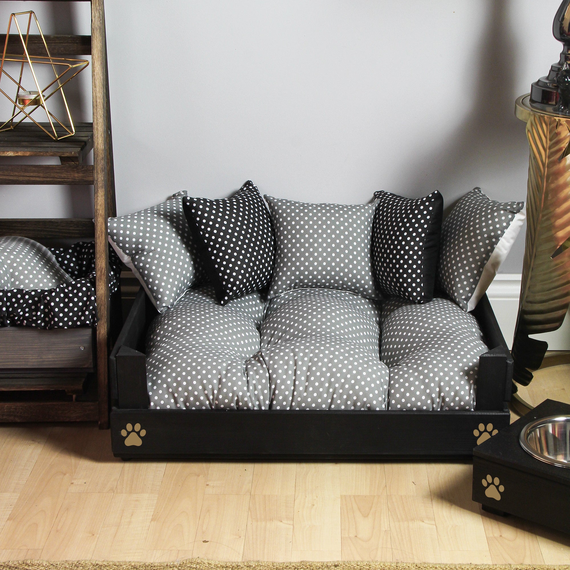 Small Wooden Personalised Dog Bed (46 x 59cm) - Ebony Black & Grey Polka Dot
