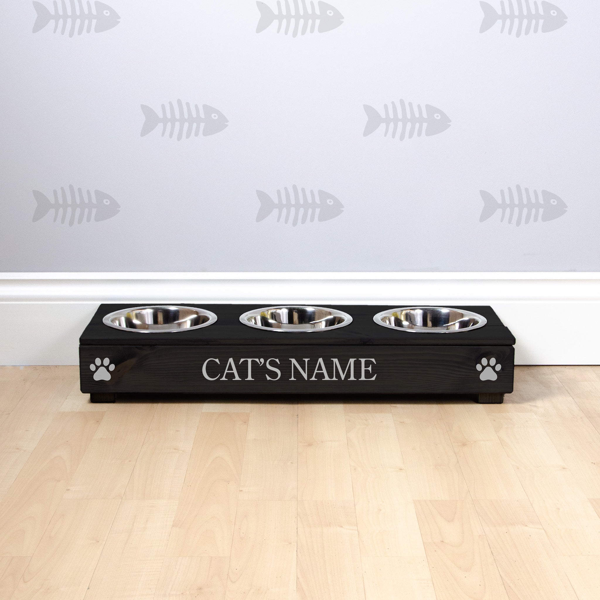 Triple Personalised Raised Cat Bowl Stand 10cm High - Ebony Black