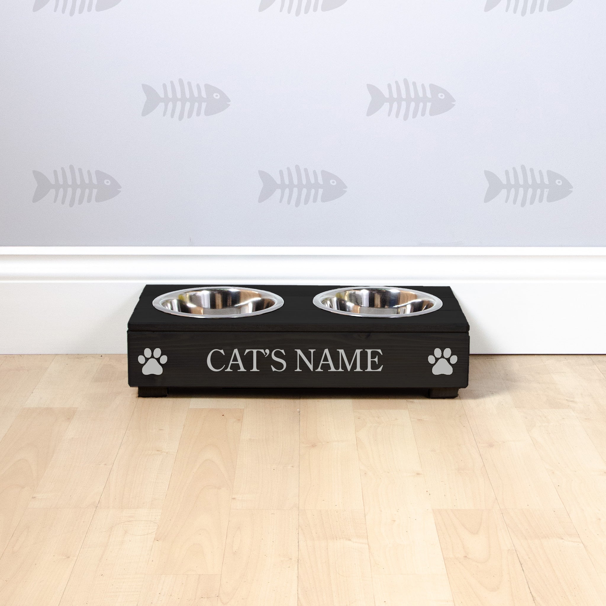 Double Personalised Raised Cat Bowl Stand 10cm High - Ebony Black