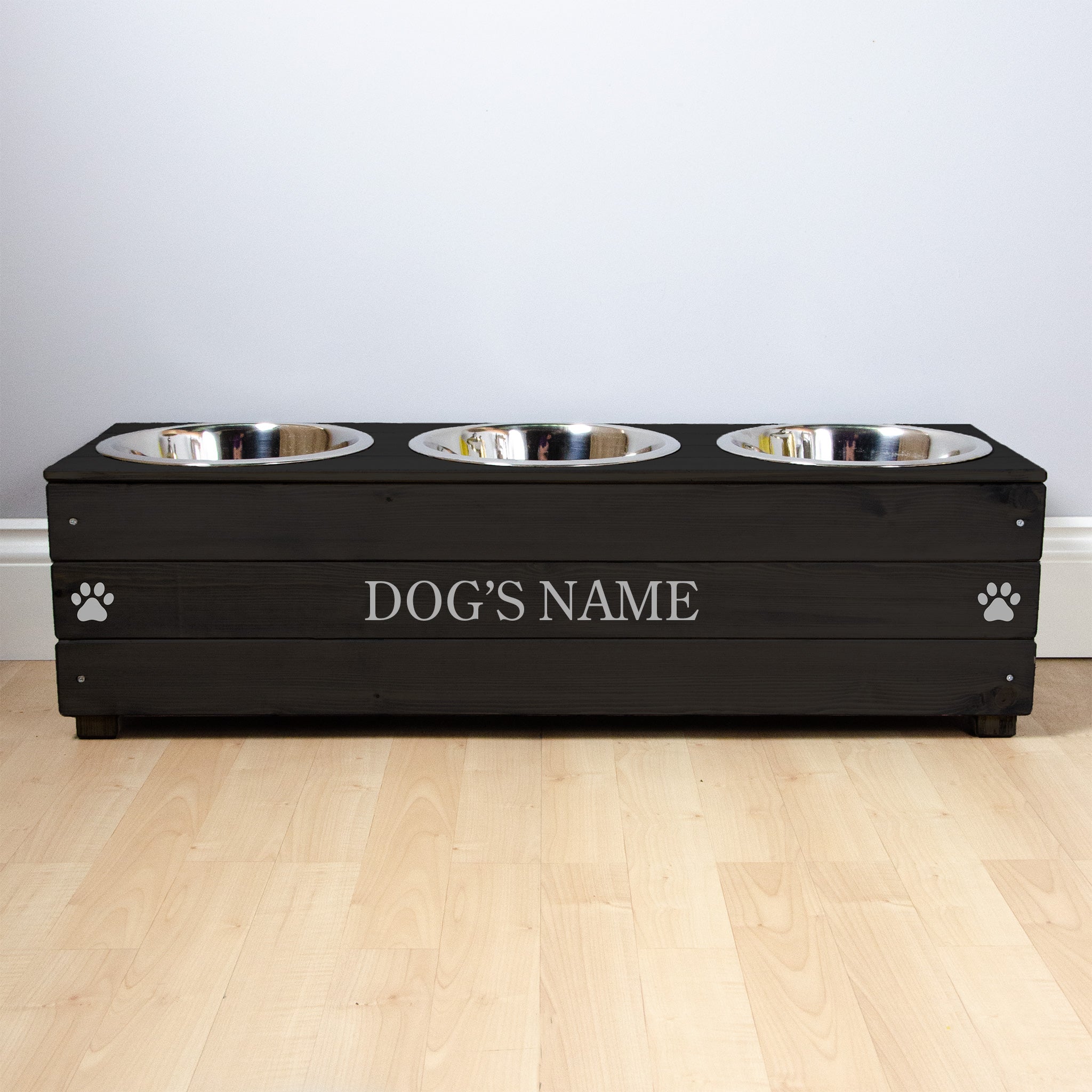 Triple Personalised Raised Dog Bowl Stand 25cm High - Ebony Black