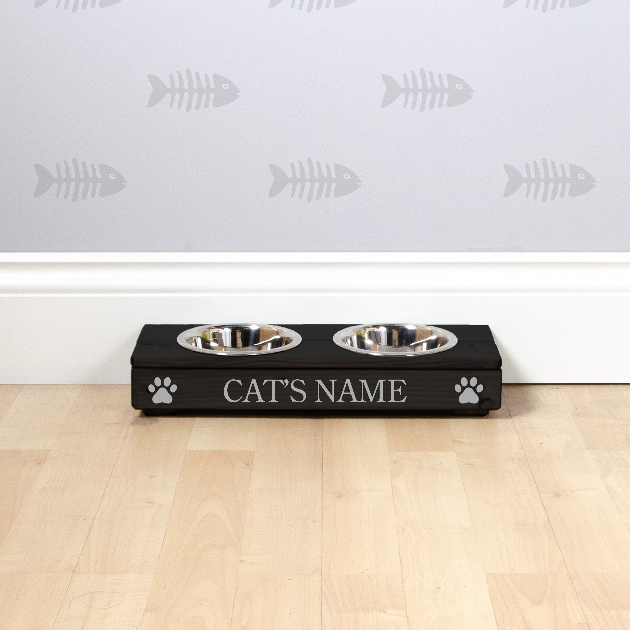 Double Personalised Raised Cat Bowl Stand 7cm High - Ebony Black