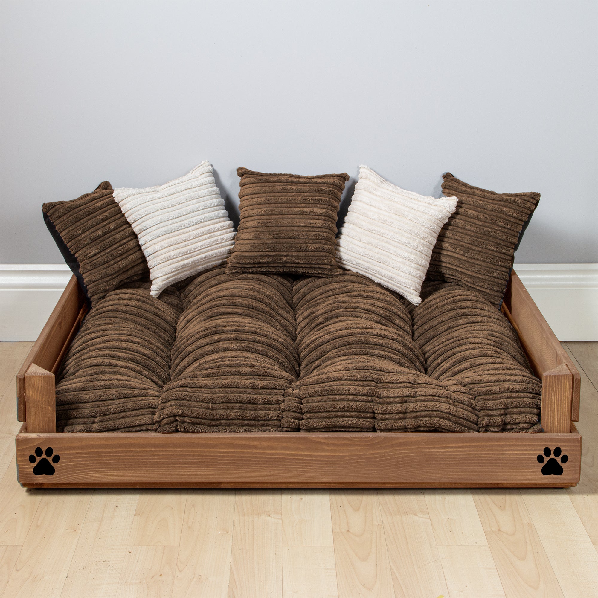 Medium Wooden Personalised Dog Bed (59 x 76cm) - Royal Oak & Corduroy Brown