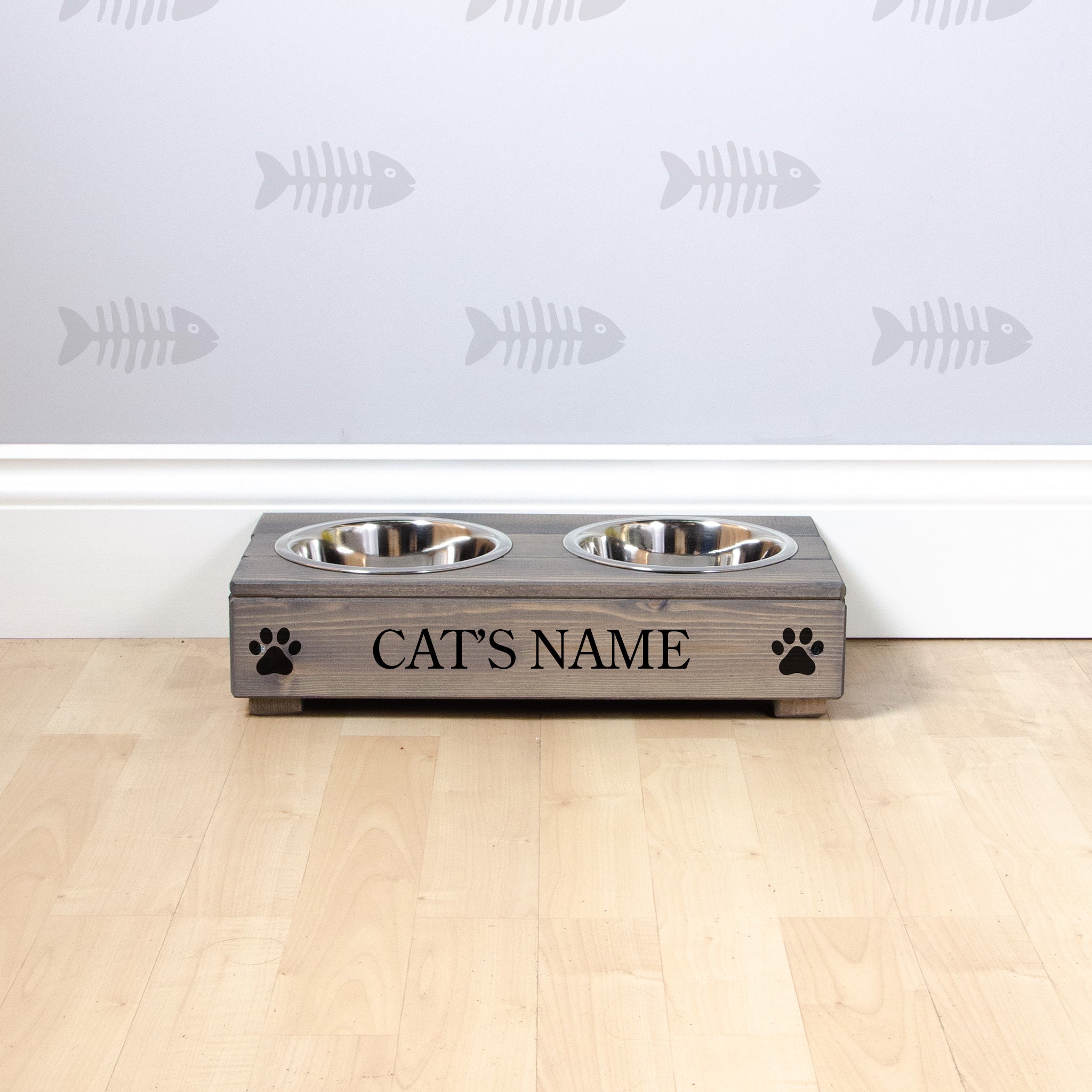 Double Personalised Raised Cat Bowl Stand 10cm High - Ash Grey